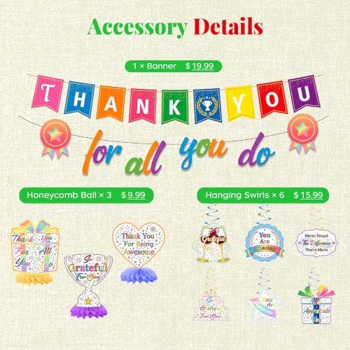 We Appreciate You Banner Decorations Set,Wihte Thank You for All You Do Backdrop with Honeycomb Centerpieces and Hanging Swirls, Office Employee Staff Teacher Appreciation Party Supplies Kit - Image 4