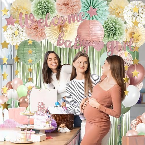Dusty Pink Sage Green Baby Shower Decorations - Welcome Baby Girl Banner, Retro Pink Green Rosegold Balloons, 'Oh Baby' Cake Topper, Pom Poms Flowers Paper Fan For Birthday Jungle Woodland Party - Image 5