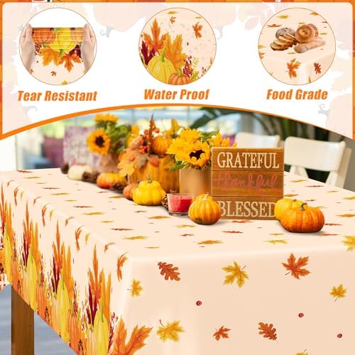 2 Pack Thanksgiving Table Cloth Plastic Leaves Pumpkin Fall Table Cover - Image 3