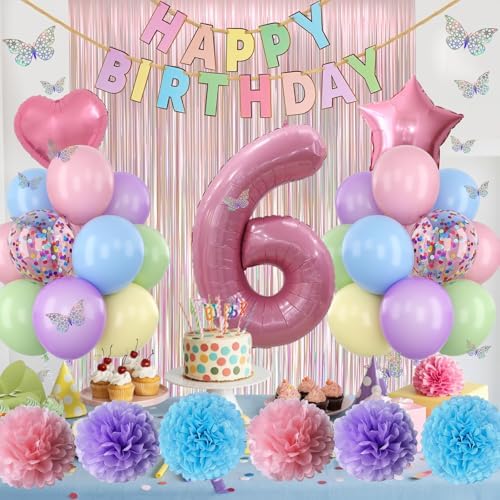Pastel 6th Birthday Colorful Party Decorations Girls Pink Number 6 Balloon - Image 5