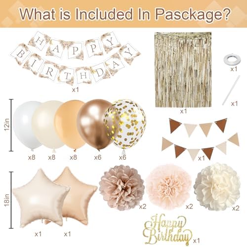 Beige Brown Birthday Decorations for Women, Gold Neutral Cream Sand White Party Balloon Kit with Boho Happy Birthday Banner Fringe Curtain Background Pom Pom Cake Topper for Boy Girl Men Bday Supplies - Image 2