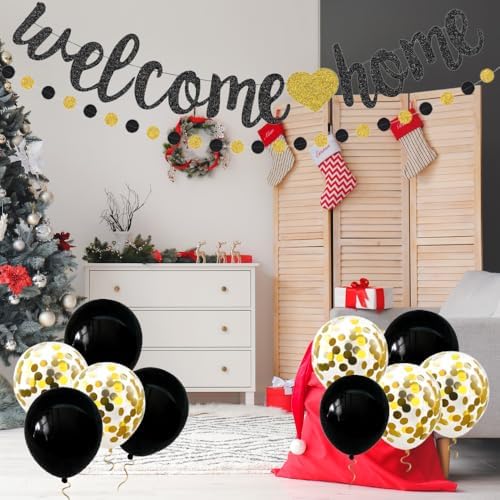 Welcome Home Decorations Set Glittery Black Gold Welcome Home Banner+2M Preassembled Circle Dots Garland+10pcs Balloons for Housewarming Deployment Come Back Home Parties Decor - Image 5