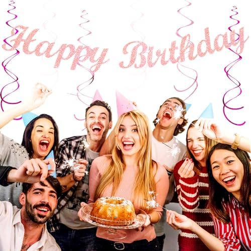 Light Hot Pink Birthday Party-Decorations - 21pcs Girl Happy Banner,Paper Lanterns Honeycomb,Tissue Pom Poms Flower Fan,Hanging Streamers Garland,18th 21st 30th Women Birthday Decor Supplies Huglony - Image 7