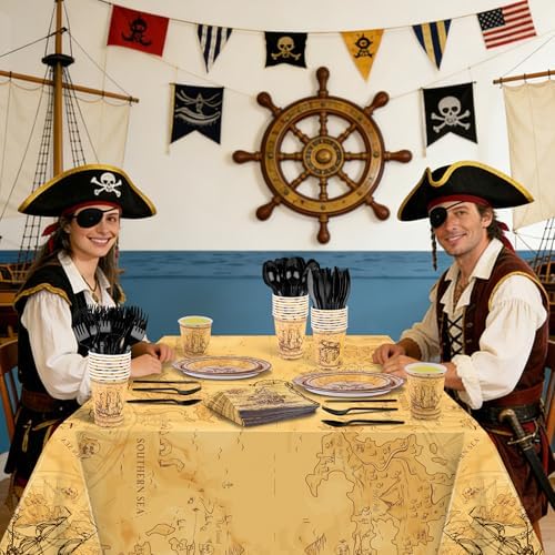 Kochorie 169 Pieces Pirate Tableware Set, Pirate Treasure Map Party Plates and Napkins Supplies with Cups Plastic Cutlery Tablecloth for Adventure Birthday Themed Party Decorations, Serves 24 Guests - Image 6
