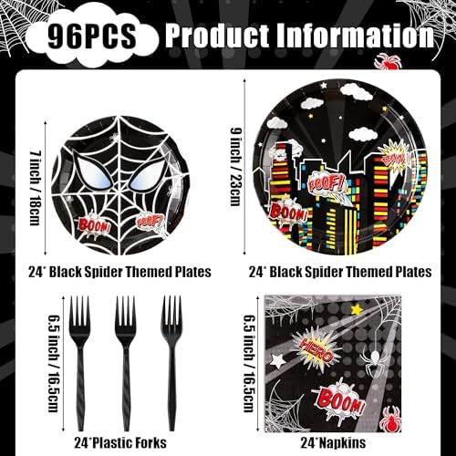 Black Spider Birthday Party Supplies - 96PCS Black Spider Birthday Party Plates and Napkins Forks Disposable Tableware Birthday Parties Table Dinnerware Baby Shower Plates Serve 24 Guests - Image 2