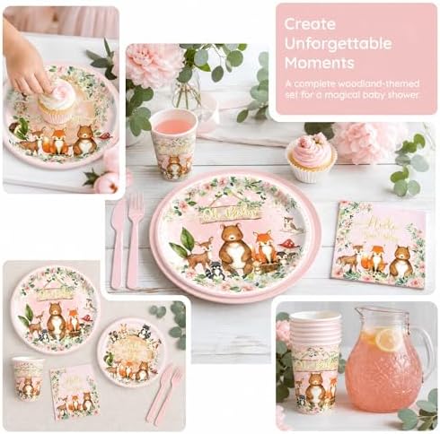 120PCS Woodland Party Supplies for Girls Baby Shower Pink Wild Animal Decorations Plates Napkin Cups Forks Knives Tableware Set for 20 Guests - Image 6