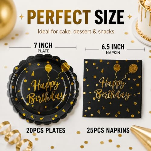 50PCS Happy Birthday Paper Plates and Napkins - 7 Inch Birthday Cake Plates Scalloped Black and Gold Dessert Plates and 6.5 Inch Napkins Disposable Tableware Set, Serves 25 - Image 3