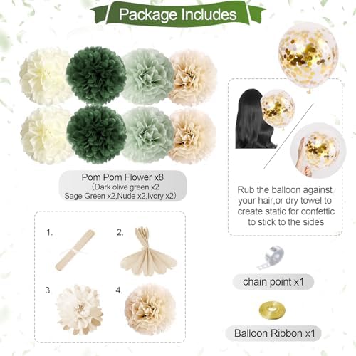 Sage Green Birthday Decorations Olive Green Happy Birthday Party Decorations Nude Retro Gold Balloon Banner Paper Pom Poms Greenery Neutral Rustic Décor Supplies Baby Girls Women - Image 3