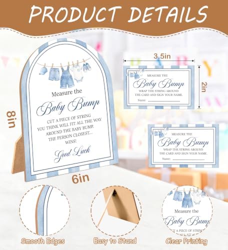Blue Jean Baby Shower Games, Denim Western Measure The Baby Bump Game, 6x8 Inch Arch Wooden Sign With Stand And 50 Guessing Cards, Gender Reveal Party Supplies & Decorations - AD06 - Image 2
