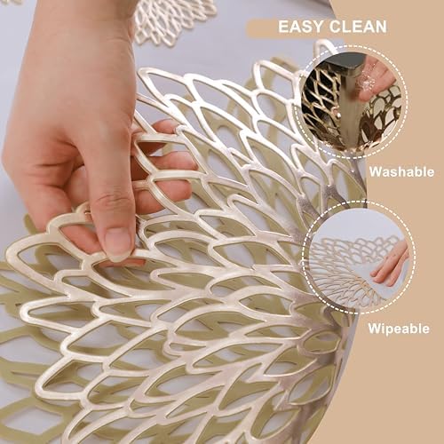 Snowkingdom 4 Pack Gold Placemats Metallic Pressed Vinyl Golden for Dinning Table Place Mats Round Floral Charger Decoration for Christmas Thanksgiving Holiday Wedding - Image 6