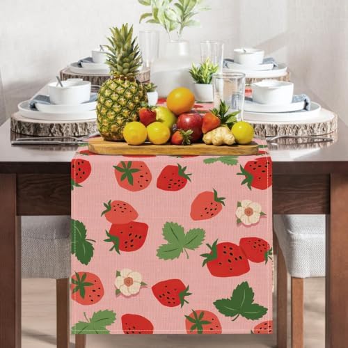 Strawberry Pink Dining Table Runner, Spring Summer Fruit Flowers - Image 4