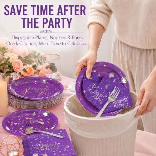 75PCS Happy Birthday Paper Plates and Napkins Set Purple&Sliver Plates - Image 6