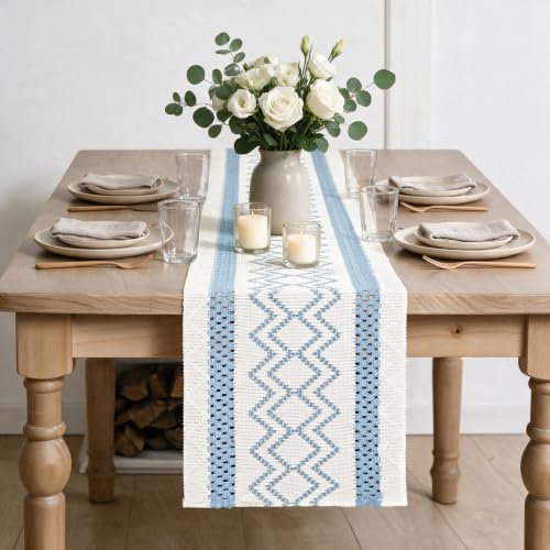 Artoid Mode Sky Blue Stripe Diamond Woven Table Runner 12x72 Inch - Image 2