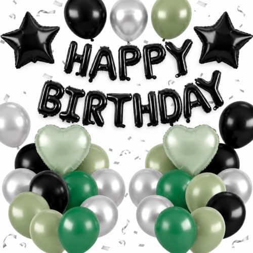 Black Green Birthday Decortions, Star Heart Foil Balloons for Boys Men by BTZO