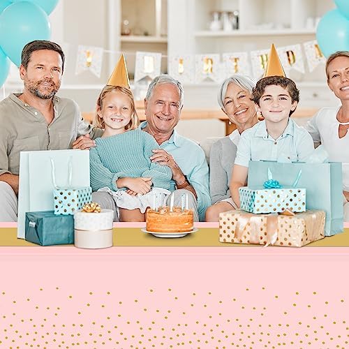 8Pack Disposable Plastic Tablecloths and Satin Table Runner Set Pink and Gold Dot Tablecloth Gold Satin Table Runner for Wedding Birthday Baby Shower Anniversary Christmas New Year Party Supplies - Image 5