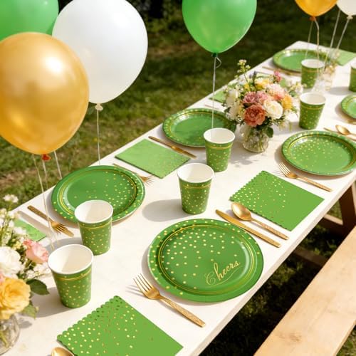 168Pcs Green and Gold Paper Plates and Napkins Party Supplies for 24 Guest - Image 7