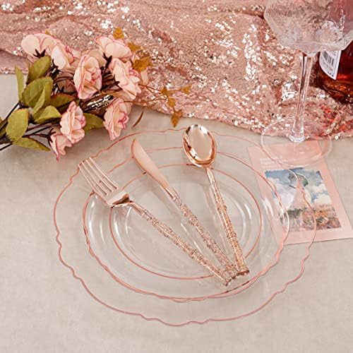 Liacere 150PCS Rose Gold Plastic Plates - Clear Rose Gold Disposable Plates with Glitter Bamboo Handle Cutlery - 60 Baroque Elegant Plates, 30 Forks, 30 Spoons, 30 Knives for Wedding ＆ Party & Summer - Image 3