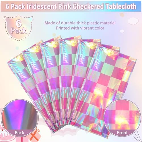 6 Pack Pink and Iridescent Checkered Plastic Tablecloth, Shiny Disposable Laser Rectangle Table Covers, Holographic Foil Tablecloth Iridescent Party Decorations for Picnic Camping Outdoor, 54x108Inch - Image 4