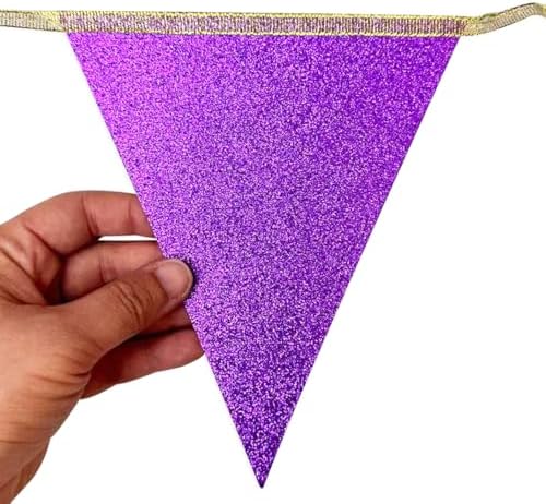 30Ft Purple Gold Party Decoration Pennant Banner Flag Hanging Glitter Paper Triangle Bunting for Birthday Bridal Shower Wedding Shower Bachelorette Engagement Lavender Lilac Violet Party Supplies - Image 4