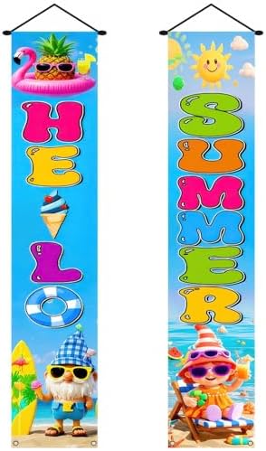 BlissYard 2pcs Welcome Summer Door Banner Hawaiian Gnome Porch Banners Sign Summer Sunshine Beach Front Door Hanging Decor Banner for Seasonal Home Hawaii Tropical Party Outdoor Decorations by BlissYard