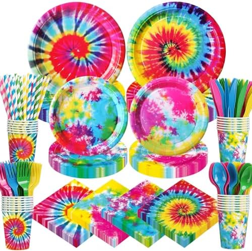 450 Pcs Tie Dye Tableware Set, Serve 50, Rainbow by Unknown