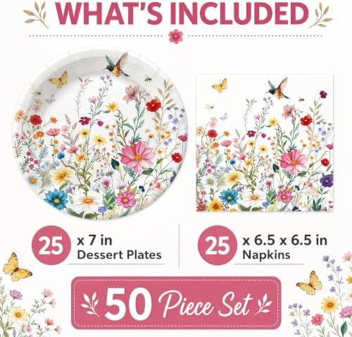 50 Pcs Wildflower Plates and Napkins Set, 7 Inch Floral Party Supplies - Image 2