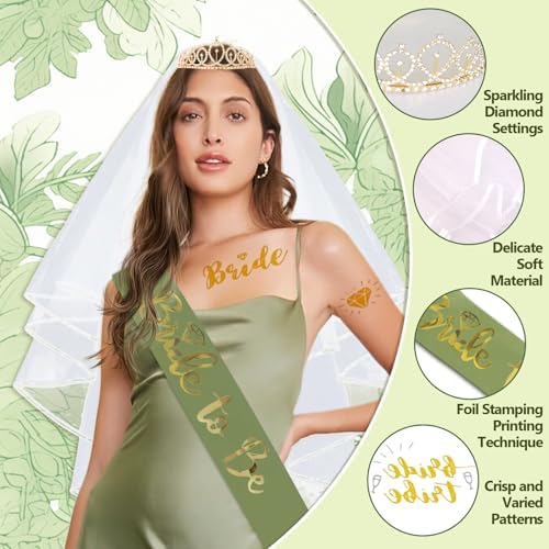 Sage Green Bachelorette Party Decorations, Bride To Be Decorations include Bride To Be Sash Veil Crown Tattoo Stickers Photo Props Fringe Curtain for Bachelorette Engagement Bridal Shower Decorations - Image 2