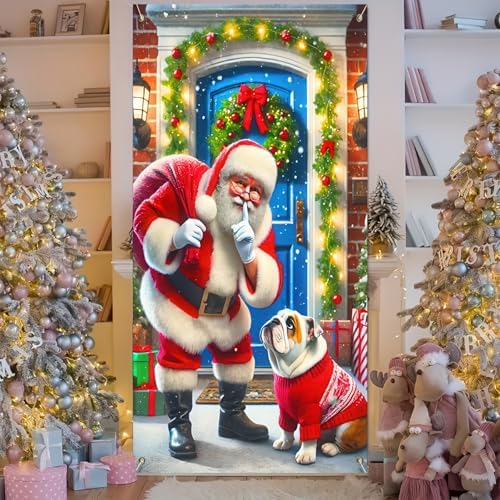 BlissYard Christmas Door Cover Santa Bulldog 35x71 Inch Polyester - Image 2