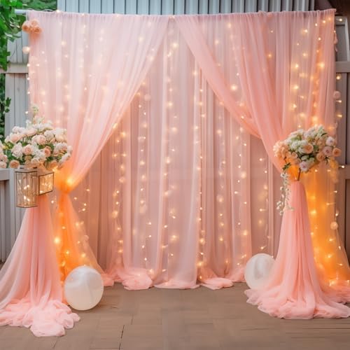 30×10ft Peach Tulle Backdrop Curtain with Lights String for Parties, Sheer Curtain Backdrop Drapes for Wedding Party Home Decorations by WishCare