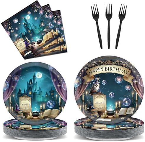 96Pcs Magical Witch Birthday Plates and Napkins Vintage Castle Owl Party Supplies Dreamy Night Witch Theme Disposable Tableware for Boy Girl Halloween Baby Shower Party Favors Decoration Serve 24 by partygreeting