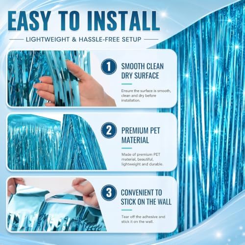 Breling 8 Pcs Light Blue Ceiling Fringe Curtains, Foil Drapes, 15 ft - Image 3
