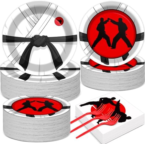 50 Guests Karate Party Supplies Karate Plates and Napkins Forks Disposable Tableware Set Paper Plates for Karates Theme Party 200PCS by gisgfim