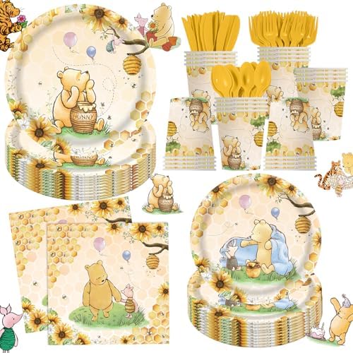 140pcs Classic Bear Baby Shower Decorations Baby Shower Party Tableware with Plates, Napkin, Forks, Cups for Birthday Party Supplies Set Serves 20 Guests (Yellow) by Tonytaparty