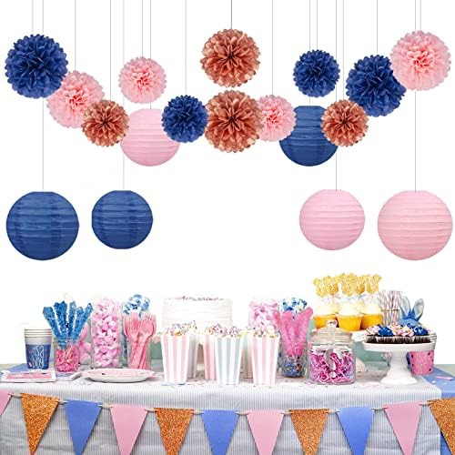 Rose-Gold Navy-Blue Pink Party Decorations - 18pcs Gender Reveal Decor,Tissue Pom Poms Event Supplies,Paper Flowers,Paper Lanterns,Baby Shower decoration,Birthday,Engagement,Bachelorette,Wedding - Image 3
