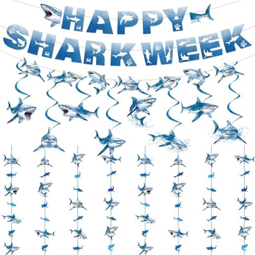 Happy Shark Week Decorations, 15PCS Shark Birthday Party Banners with Hanging Swirls Decorations, Ocean Nautical Fish Hanging Garland Banners Decor by Deorfuy