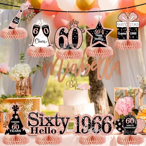 9Pcs 60th Birthday Decorations Honeycomb Centerpieces for Women, Rose Gold Pink Happy 60th Birthday Centerpieces Tables Toppers Party Decorations Supplies, Vintage 1966 Aged Table Sign Decor - Image 5