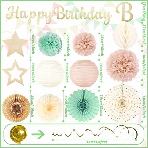 Sage-Green Champagne-Gold Birthday Party-Decorations - 29pcs Beige Retro Green Party Decorations for Women Girls, Happy Birthday Banner Paper Streamers Lanterns Tissue Pom Poms - ZERODECO - Image 3