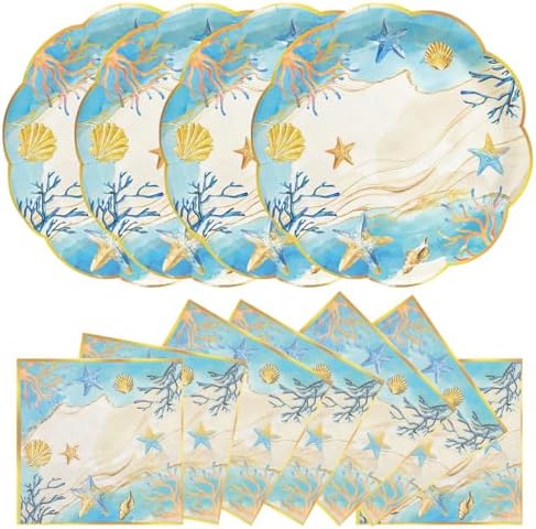 40Pcs Beach Coastal Sea Shell Scalloped Paper Plates and Napkins by BOKFJBP