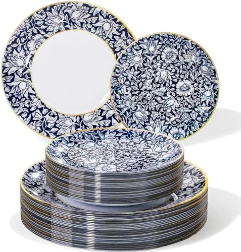 Hioasis Blue Plastic Plates, Blue Floral & Gold Rim, 60 Pcs for 30 Guests by Hioasis