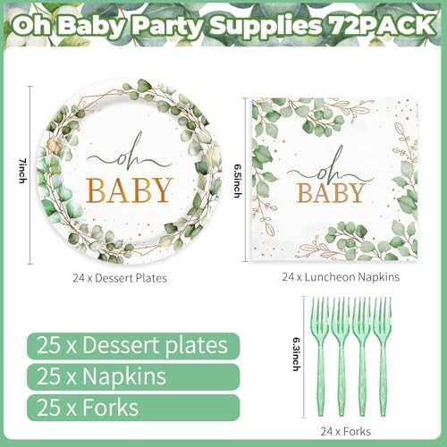 72pcs Oh Baby Eucalyptus Paper Plates and Napkins Set, 7inch Sage Greenery Baby Shower Party Plate Decorations Disposable Green Leaf Party Supplies for Boys or Girls Gender Reveal Birthday Baby Shower - Image 3