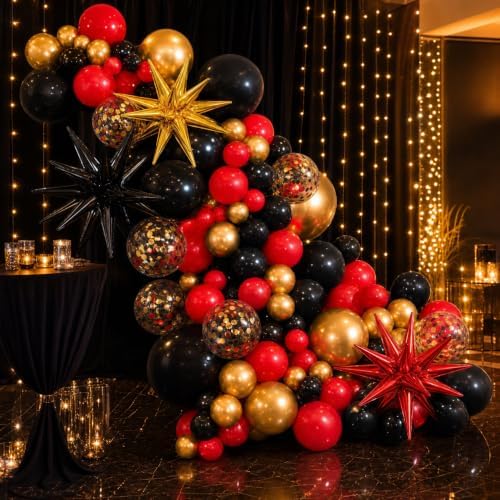 LOOLEY 137Pcs Red Black Gold Balloons Garland Arch Kit with Stars - 5 10 12 18 inch Red Black Gold Confetti Latex Balloons for Graduation Hollywood Casino Theme Party Decorations - Image 2
