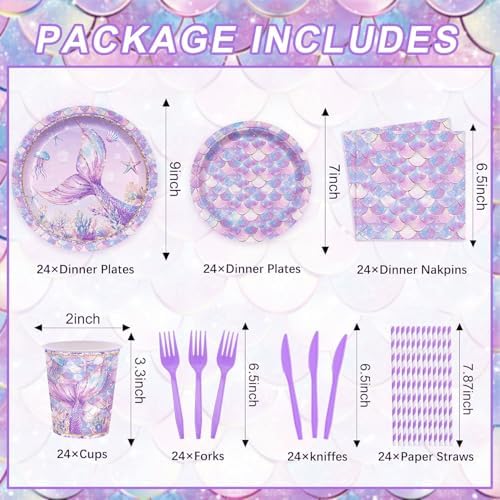 168PCS Mermaid Party Supplies Serves 24 Mermaid Themed Tableware Set Plates Cups Napkins Cutlery Straws Under The Sea Birthday Decorations for Girls - Image 3