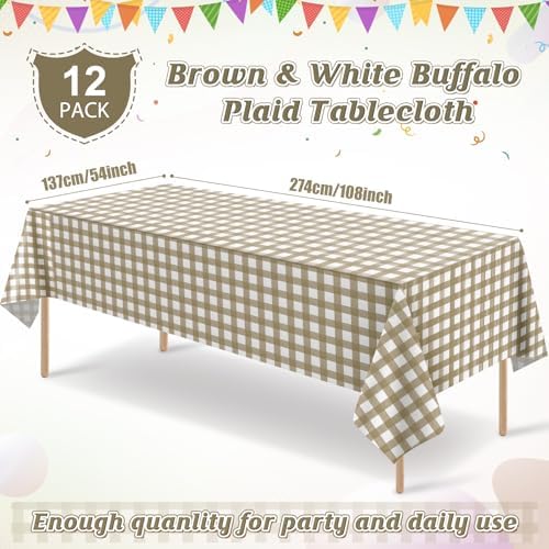 12 Pack Brown and White Plastic Checkered Tablecloth, Premium Decorative Disposable Tan Gingham Plaid Table Cloths for Parties, Rectangle Party Table Cover for Picnic Farm Birthday Fall, 54x108 Inch - Image 2