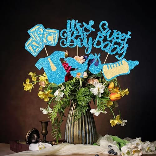 Gyufise 12Pcs Baby Shower Centerpiece Sticks Glitter Tie Onesie Love Heart Oh Baby Gender Reveal It's a Boy Table Centerpiece Sticks for Baby Shower Gender Reveal Kids Birthday Party Supplies Blue - Image 4