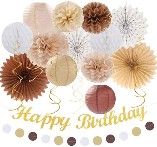 White-Brown Champagne-Gold Boho Birthday Party-Decorations - 21pcs Happy Banner,Beige Neutral Rustic Paper Lanterns Honeycomb, Hanging Streamers,Tissue Pom Poms Flower Fan,Fall Decor Supplies Huglony by Huglony