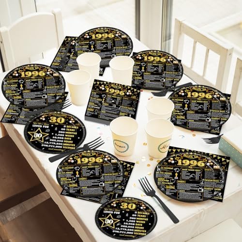 96Pcs 30th Birthday Plates and Napkins Back in 1996 Party Decorations Black Gold 30 Year Old Party Dessert Plates 1996 Birthday Tableware for 24 Guests 30th Theme Men Woman Bday Parties Supplies - Image 5