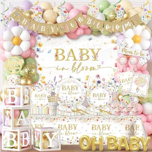 Baby in Bloom Baby Shower Decorations - 281Pcs Spring Wildflower Theme Tableware and Balloon Arch Garland Set for Floral Party Supplies by CMUSKO