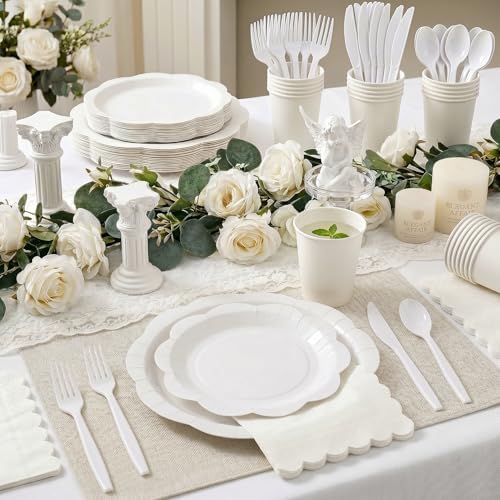 Disposable Party Supplies Set for 25/50 Guests, Heavy Duty Paper Plates & Napkins Set with Cups & Cutlery, 7" & 9" Decagonal Plates Tableware for Wedding, Birthday, Baby Shower (White, 175 Pcs) - Image 3