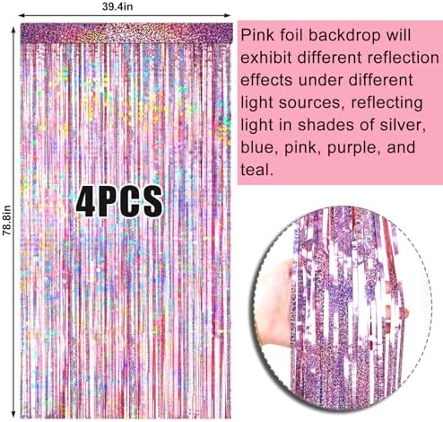 4 Packs Pink Foil Fringe Curtain, Pink Glitter Metallic Tinsel Backdrop for Birthday, Wedding, Baby Shower, Princess Bachelorette Cowgirl Party Decorations Supplies - Image 6