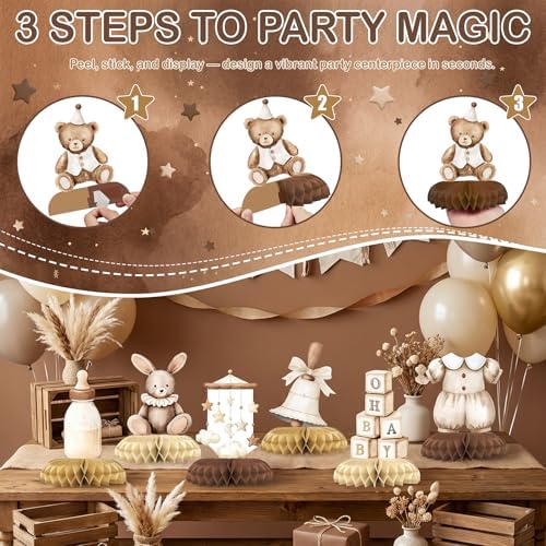 12 Pcs Neutral Baby Shower Decorations - Vintage Boho Baby Shower Centerpieces for Tables - Neutral Honeycomb Table Decor with Baby Essentials Teddy Bear Elephant for Baby Shower 1st Birthday - Image 3